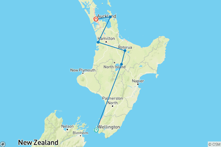 Map of New Zealand Northern Trail (Northbound) (12 destinations)