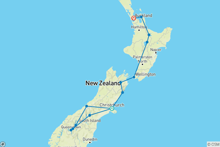 Carte du circuit Nouvelle-Zélande amplifiée (vers le nord) (28 destinations)