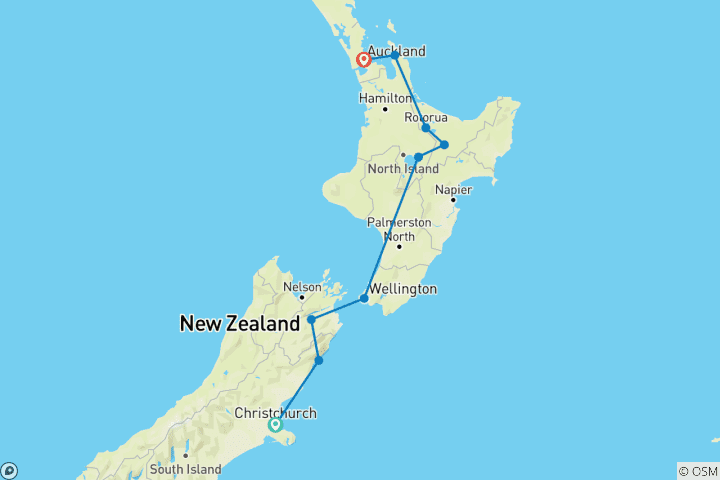 Carte du circuit Aventure du sud au nord de la Nouvelle-Zélande (9 destinations)