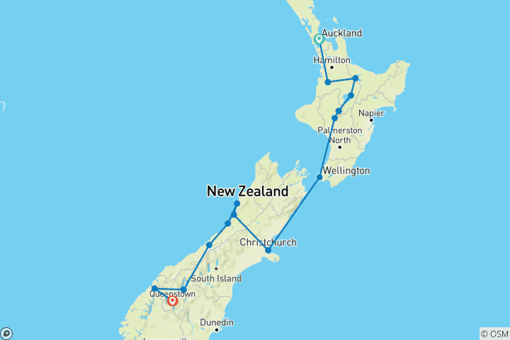 Carte du circuit Premium Nouvelle-Zélande inclus (45 destinations)