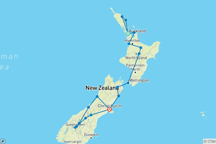 Karte von Ultimatives Neuseeland (42 Destinationen)