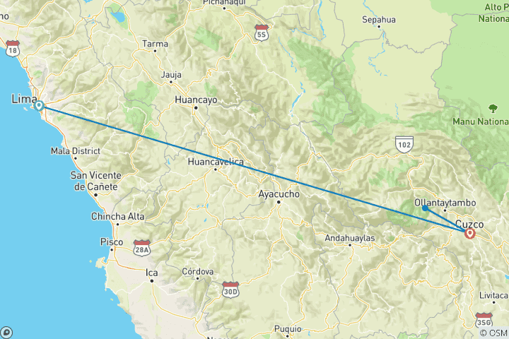 Kaart van 5 daagse - Lima - Cusco- Machu Picchu