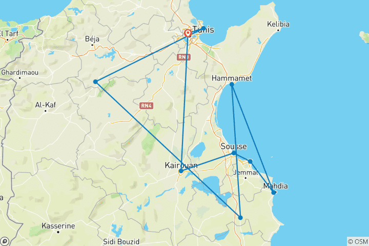 Carte du circuit La côte tunisienne et l'ancienne Carthage en été