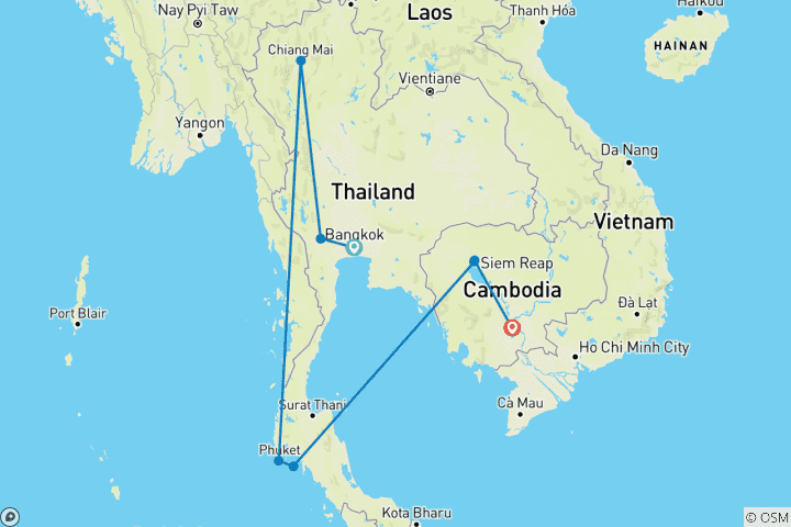 Map of 15-day Thailand & Cambodia Family Tour