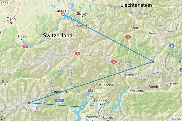Carte du circuit Alpine Lakes & Scenic Trains comprenant une croisière sur le lac Majeur et des trains panoramiques en Suisse et en Italie (du lac Majeur à Lucerne) (2026)