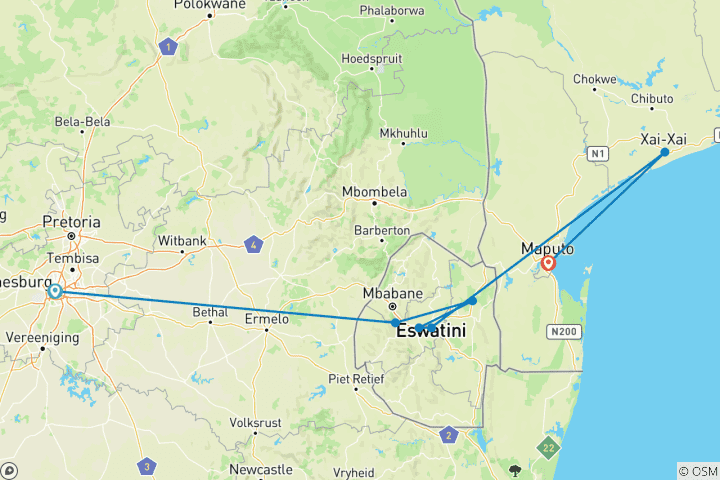 Kaart van Betoverende strandontsnapping in Swaziland & Mozambique - 9 dagen cultuur, wilde dieren en oceaanplezier