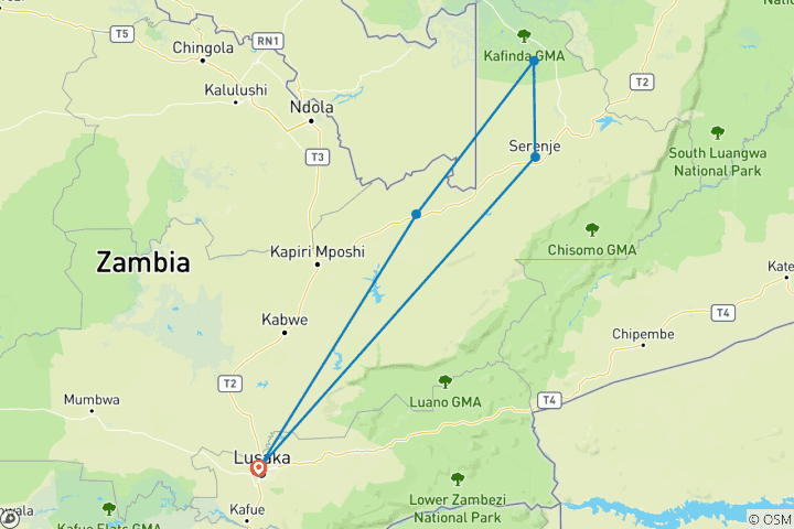 Karte von 14 Tage Luxusreise in den Norden Sambias zu den Wasserfällen und in die Wildnis
