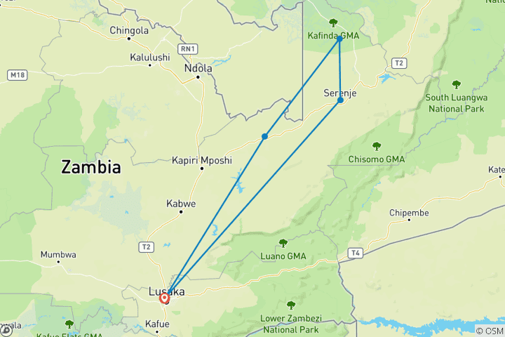 Carte du circuit Aventure des chutes d'eau du nord de la Zambie : Explorez l'invisible 13 jours