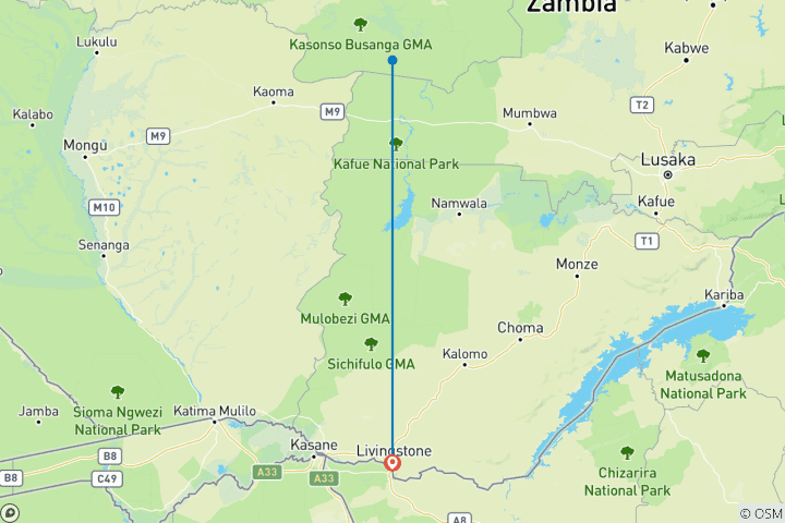 Carte du circuit Safari aventure dans le parc national de Kafue3 jours