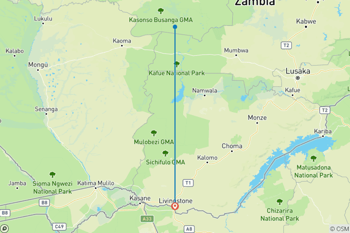 Carte du circuit Safari dans le parc national de Kafue 3 jours/2 nuits