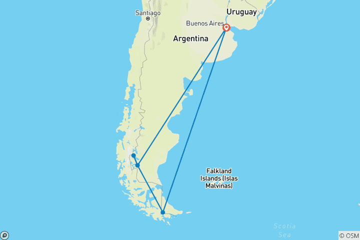 Karte von Argentinien Rundreise - 12 Tage Buenos Aires & der Süden Argentiniens