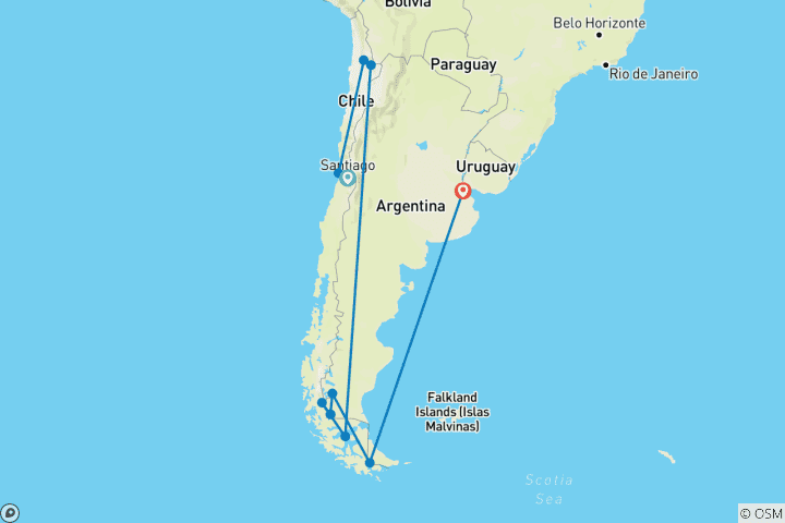 Karte von Chile & Argentinien Rundreise - 19 Tage Metropolen, Wüste & Patagonien