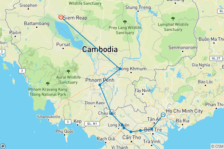 Carte du circuit 7 nuits pour le Nouvel An sur le Mékong : Vietnam et Cambodge