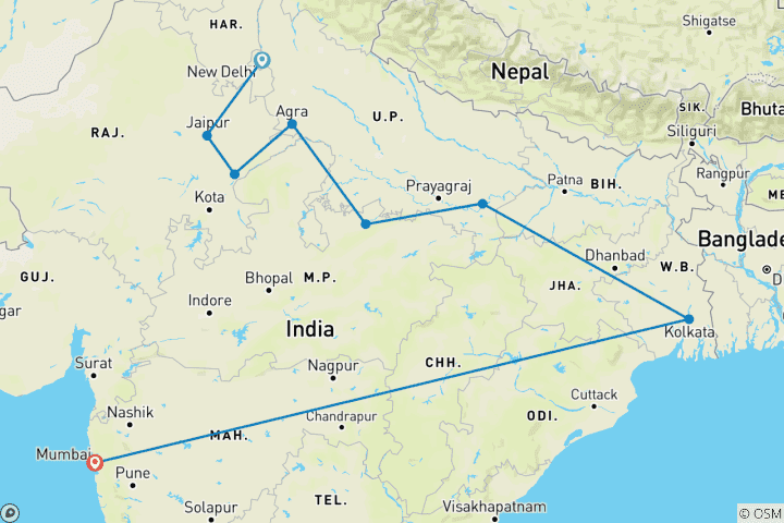 Map of The Grand Heritage & Wildlife Trail of India – From Delhi to Mumbai 16 Day's