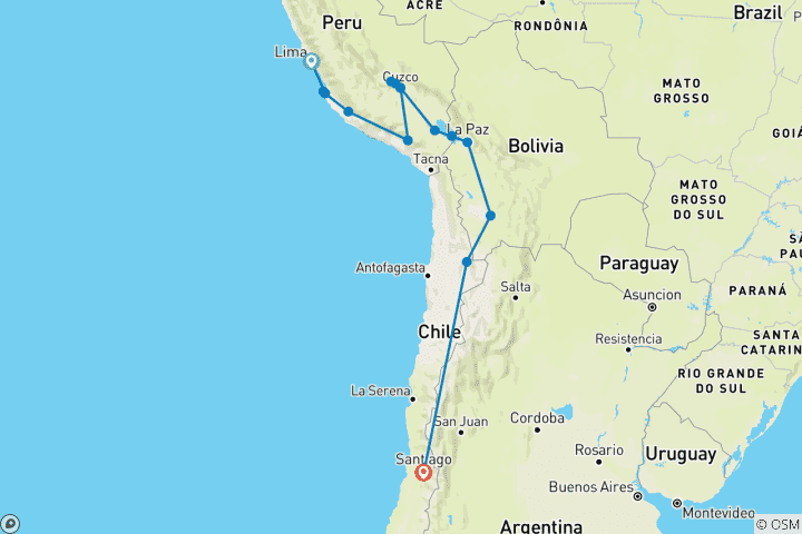 Karte von Peru, Bolivien & Chile Rundreise - 21 Tage Naturwunder & Inka Mystik