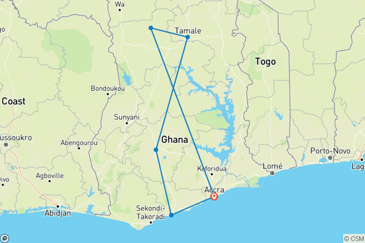 Map of A Cultural and Wildlife Adventure in Ghana 9 Days/8 Nights