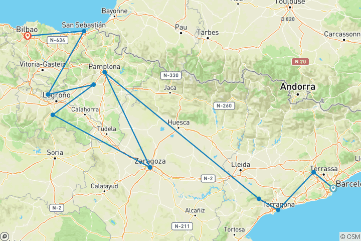 Carte du circuit Catalogne et Pays basque et Eclipse (de Barcelone à Bilbao)