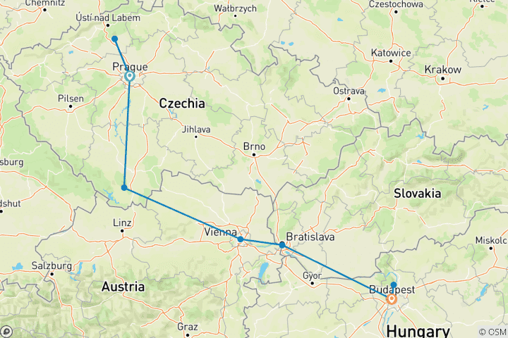 Carte du circuit Circuit de 6 jours à la découverte de Prague - Vienne - Budapest - Circuit pour petits groupes
