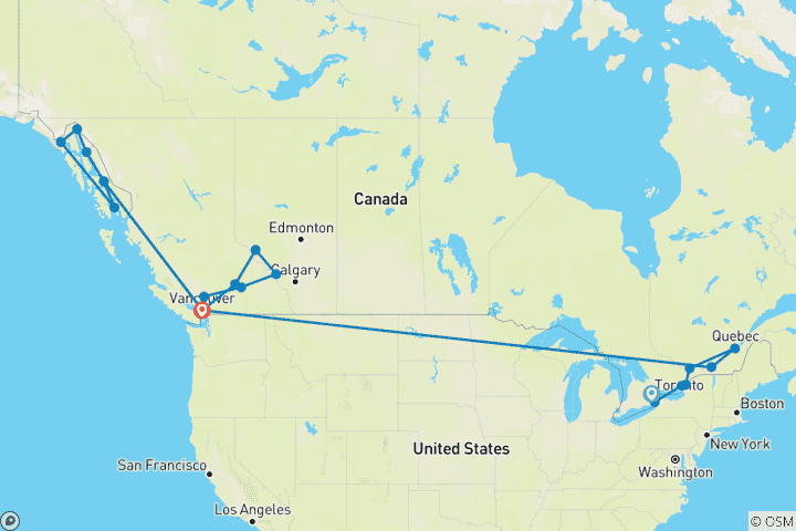Carte du circuit Explorez l'Est et l'Ouest avec la croisière Alaska Toronto → Vancouver (2026)