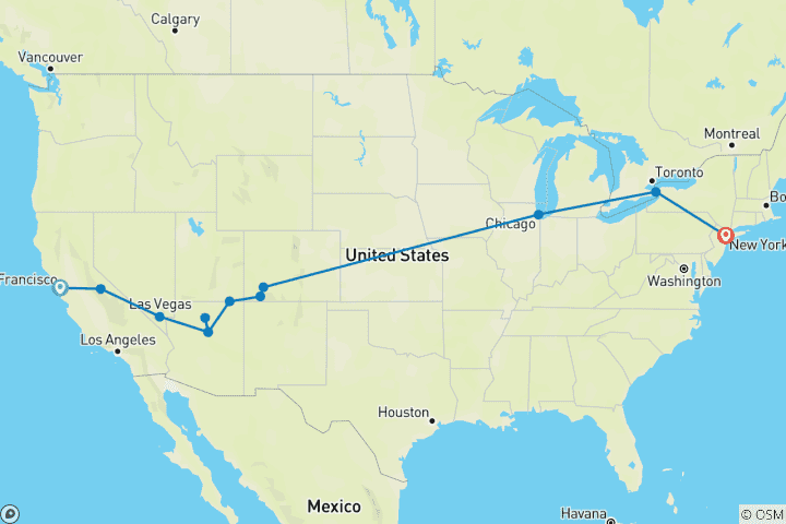 Carte du circuit Grand Tour of America San Francisco → New York City (2026)