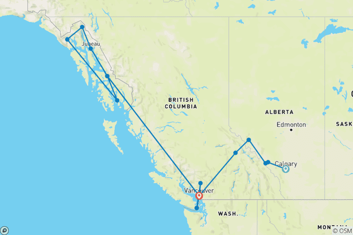 Map of Calgary Stampede, Rockies and Alaska Cruise Calgary → Vancouver (2026)