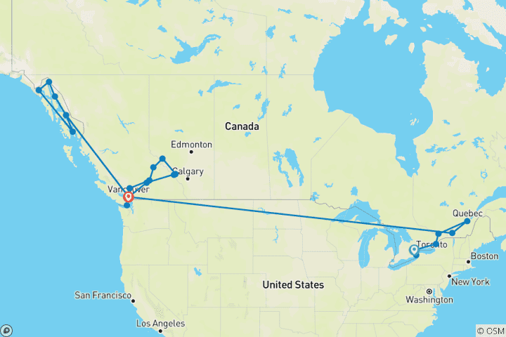 Carte du circuit Canada Complet Toronto → Vancouver (2026)
