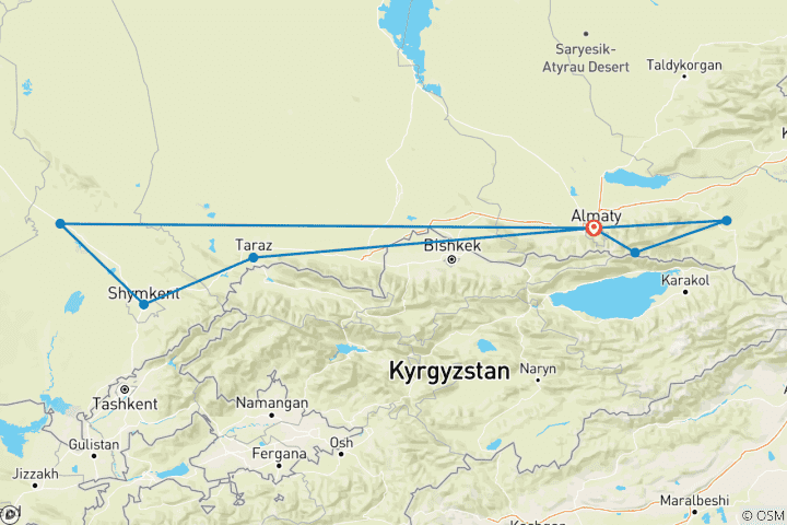 Map of Private 9 Days South Kazakhstan Tour, Daily Stars and Exclusive Guide & Car