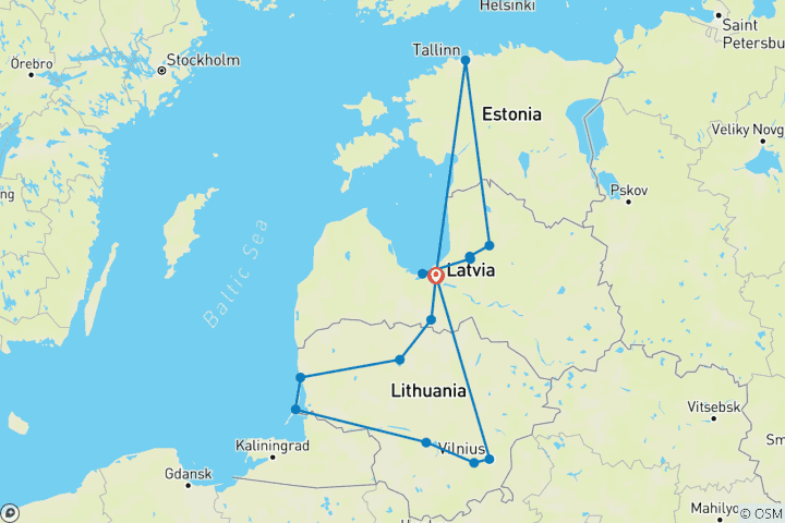 Karte von Baltikum Rundreise - 8 Tage durch Riga, Vilnius und Tallinn