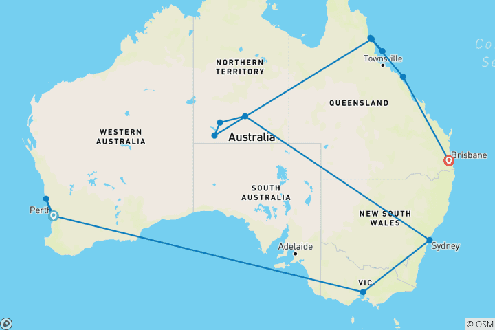 Karte von Australien Rundreise - 24 Tage Highlights in Down Under