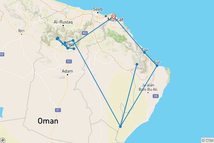 Karte von Oman Uncovered: Roadtrip to Dunes, Dhows & Desert Dreams (45 Destinationen)