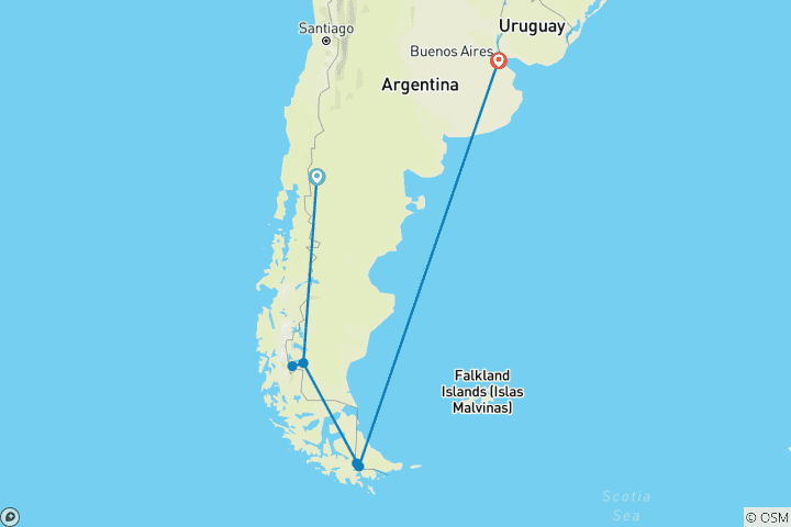 Map of Argentina - Bariloche, Calafate, Ushuaia and Buenos Aires - 9 days