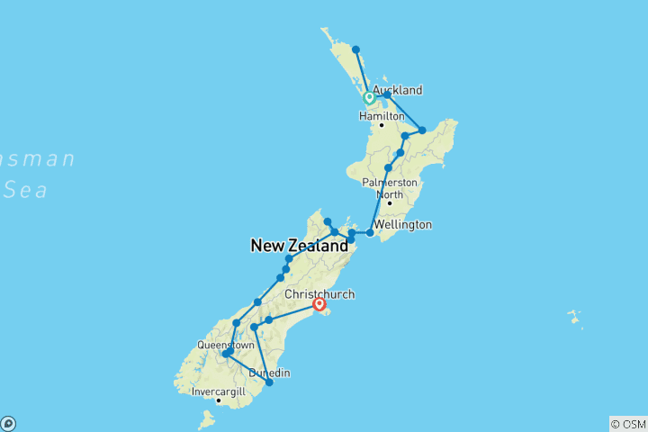 Karte von Neuseeland Rundreise - 26 Tage in Kleingruppe durch das Land der Maori