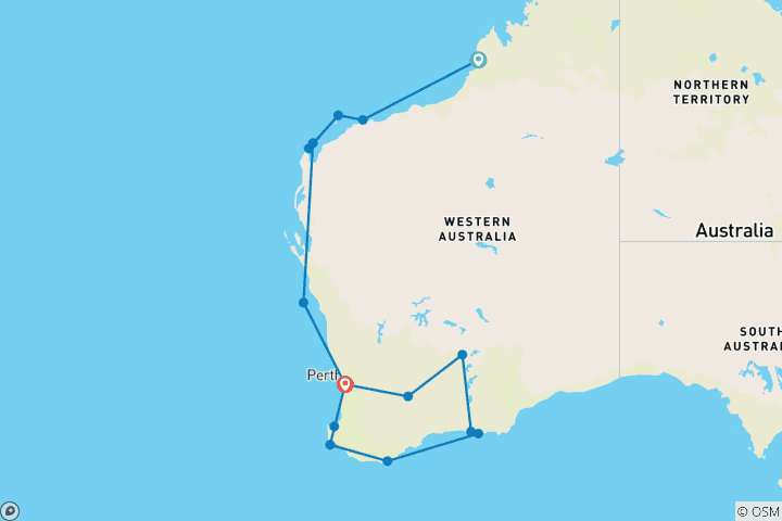 Carte du circuit Coral Coast Aventure avec South Western Discovery Broome → Perth (2026)