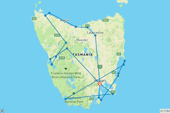 Map of Tasmania Highlights with Coastal Discovery Hobart → Hobart (2027)