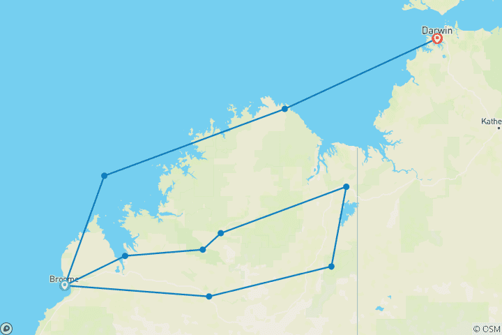 Carte du circuit Essence des Kimberley avec Kimberley Coastal Expedition Broome → Darwin (2026) (12 destinations)