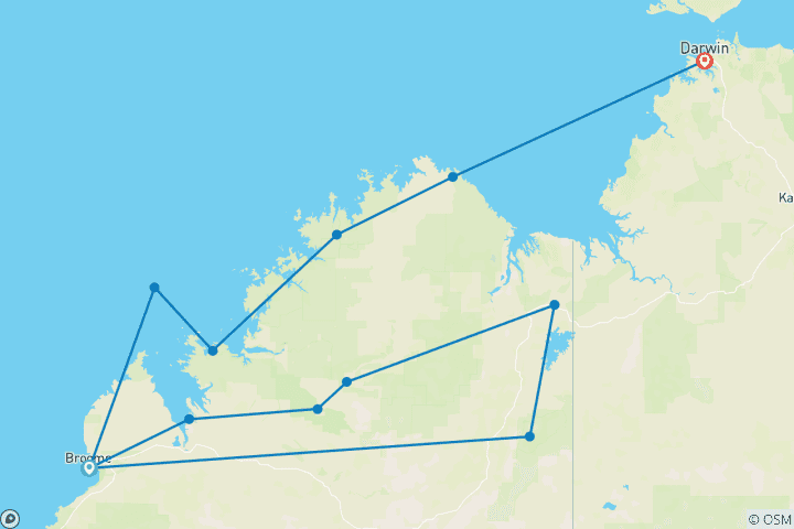 Carte du circuit Essence des Kimberley avec Kimberley Coastal Expedition Broome → Darwin (2026) (13 destinations)
