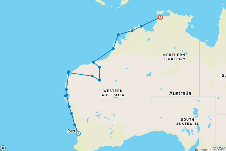 Map of West Coast Explorer with Kimberley Coastal Expedition Perth → Darwin (2026)