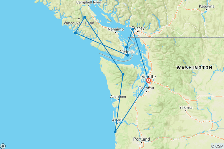 Carte du circuit Pacific Northwest Roadtrip : Misty Forests & Wild Shores (Roadtrip du Nord-Ouest du Pacifique) (9 destinations)