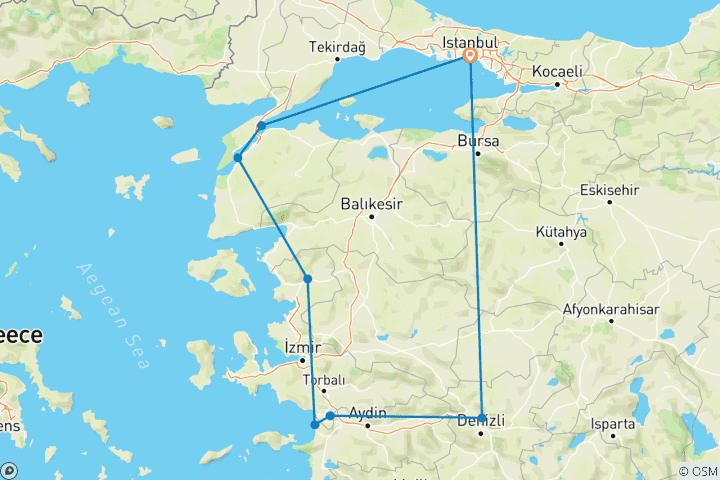 Map of 8-Day ANZAC Day Tour of Turkey with Gallipoli Dawn Service & Free Turkish Bath