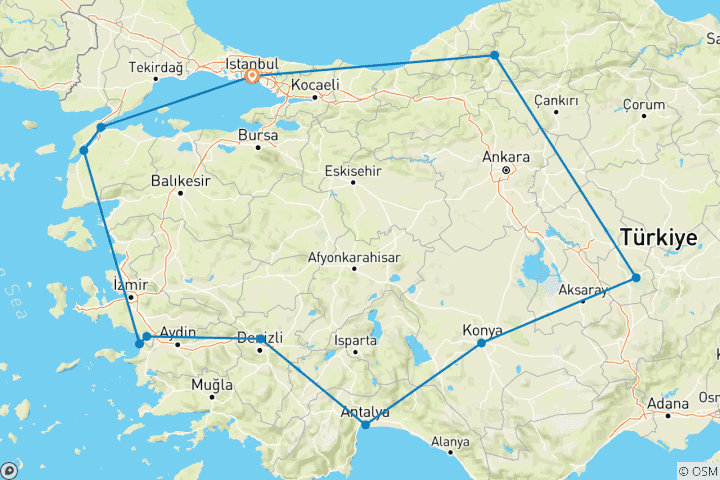 Carte du circuit Circuit de 15 jours en Turquie à l'occasion de la Journée de l'ANZAC, avec service à l'aube de Gallipoli, villes anciennes et bain turc gratuit".