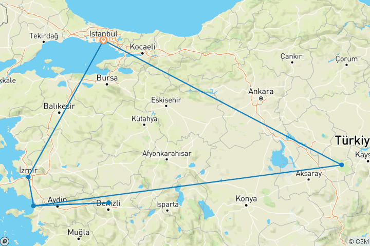 Carte du circuit Circuit de Pâques 2026 de 8 jours en Turquie : Istanbul, Cappadoce, Pamukkale et la côte égéenne