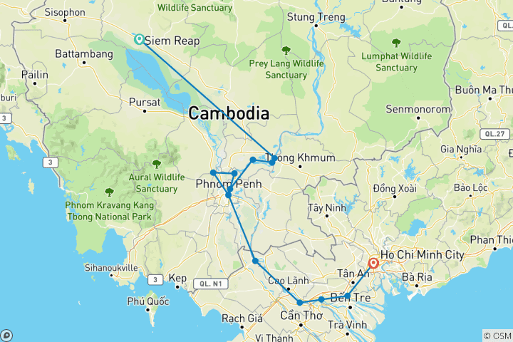 Map of Vietnam and Cambodia Highlights Siem Reap → Ho Chi Minh City (2027)