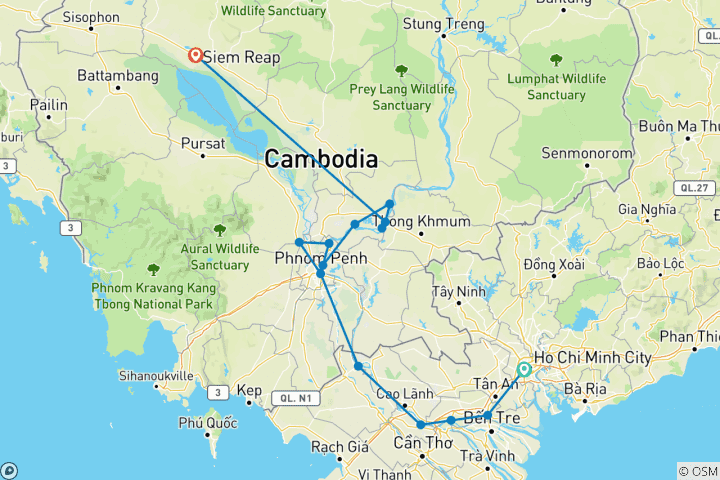 Map of Vietnam and Cambodia Highlights Ho Chi Minh City → Siem Reap (2026)