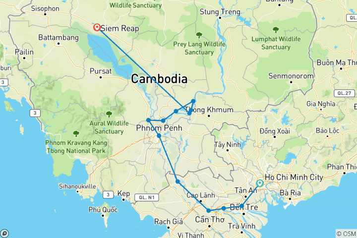 Map of Vietnam and Cambodia Highlights Ho Chi Minh City → Siem Reap (2027)