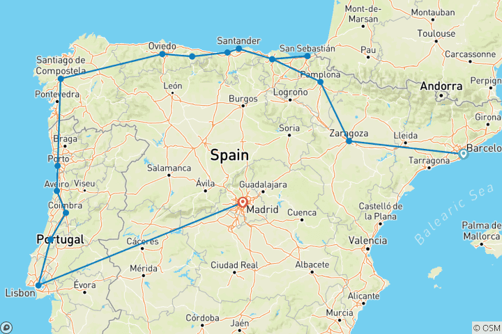Mapa de Viaje en grupo reducido por el norte de España y Portugal
