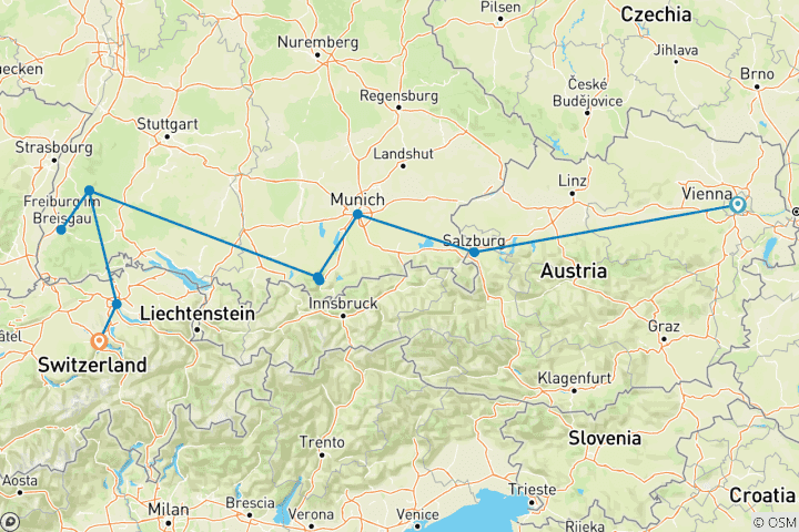 Carte du circuit A la découverte des pays alpins Autriche - Allemagne - Suisse (de Vienne à Lucerne) (2026)