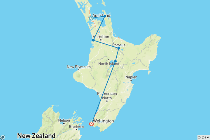 Carte du circuit New Zealand Northern Trail (direction sud) (12 destinations)