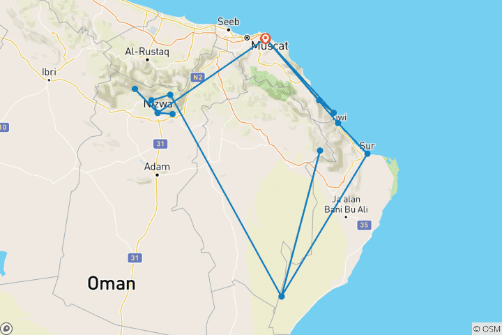 Carte du circuit Oman Uncovered : Roadtrip to Dunes, Dhows & Desert Dreams (Oman à la découverte du désert) (34 destinations)