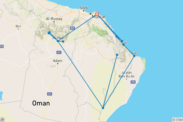 Carte du circuit Oman Débloqué : Roadtrip à Dunes, Dhows & Rêves du désert