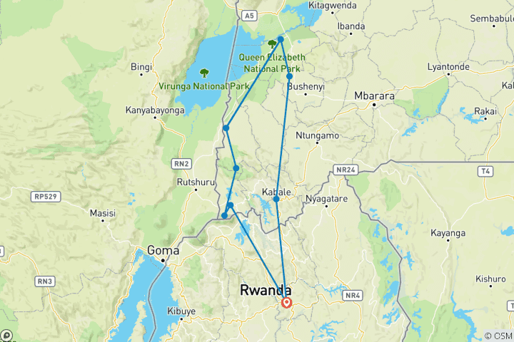 Map of 6-Day Rwanda to Uganda Gorilla and Chimpanzee Safari
